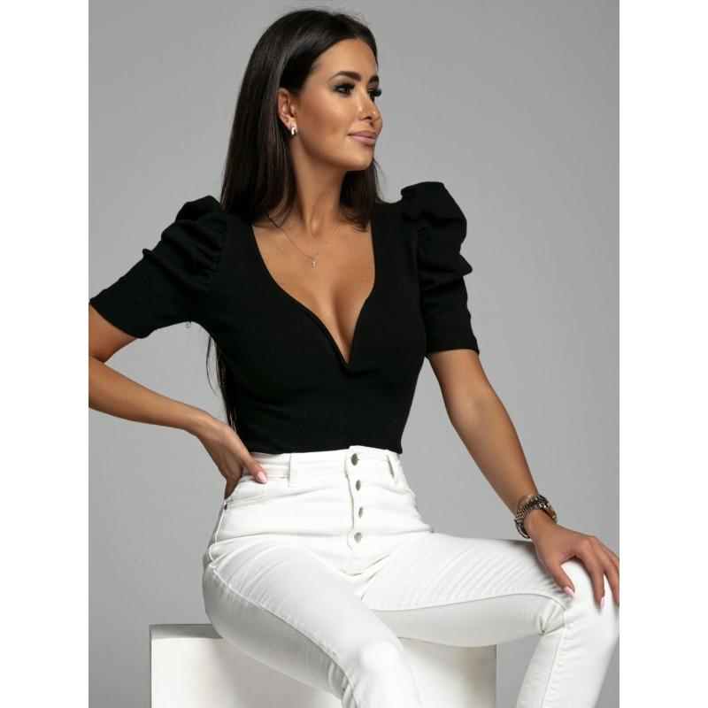 Рубашка с короткими рукавами и V-образным вырезом, облегающая, с рукавами-фонариками, для женщин