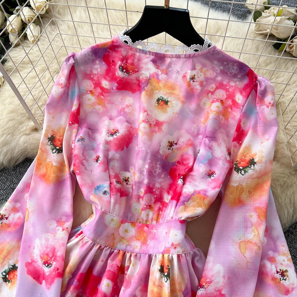 Весна-лето Женские однобортные платья с V-образным вырезом и кружевным воротником Длинные макси-платья для пляжа на берегу моря