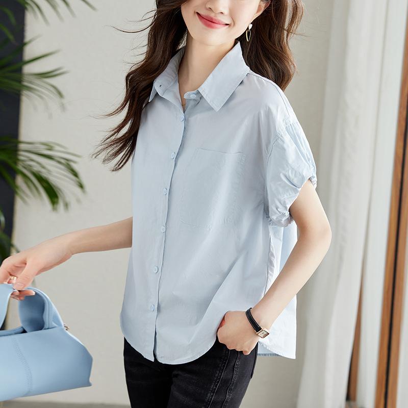 Light Blue Shirt for Women Short-sleeved Summer New Flower Bud Sleeve Top Design Niche Cotton Shirt