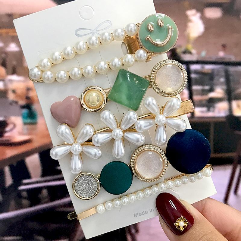 5Pcs/Set Fashion Smiley Pearl Hair Clip For Women Girl Geometric Acetate Barrettes Hairpin Headwear Hair Accessories  Trendy