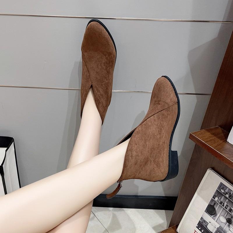 Остроносые ботильоны с V-образным вырезом и толстым каблуком, новые осенне-зимние бархатные ботильоны большого размера на задней молнии