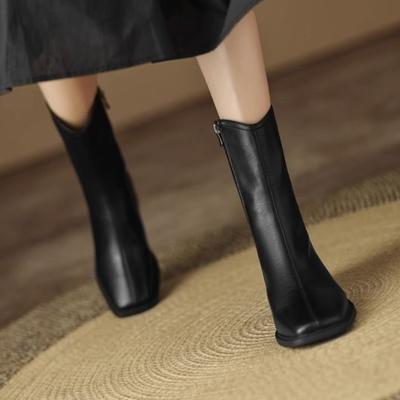 Модные кожаные теплые ботинки до середины икры с квадратным носком, женские, готические, горячие, большого размера, удобные и элегантные, демисезонные полусапоги для женщин