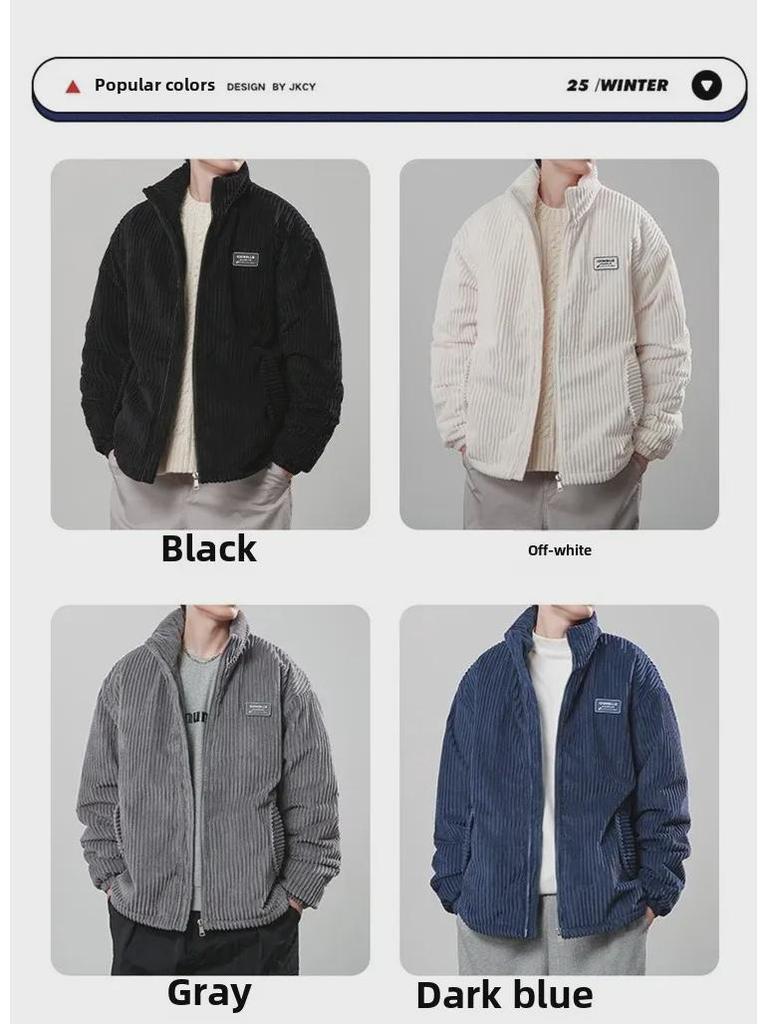 2024 Мужское и парное толстое ветрозащитное вельветовое хлопковое пальто: Американский ретро-воротник-стойка, устойчивый к холоду, для осени/зимы.