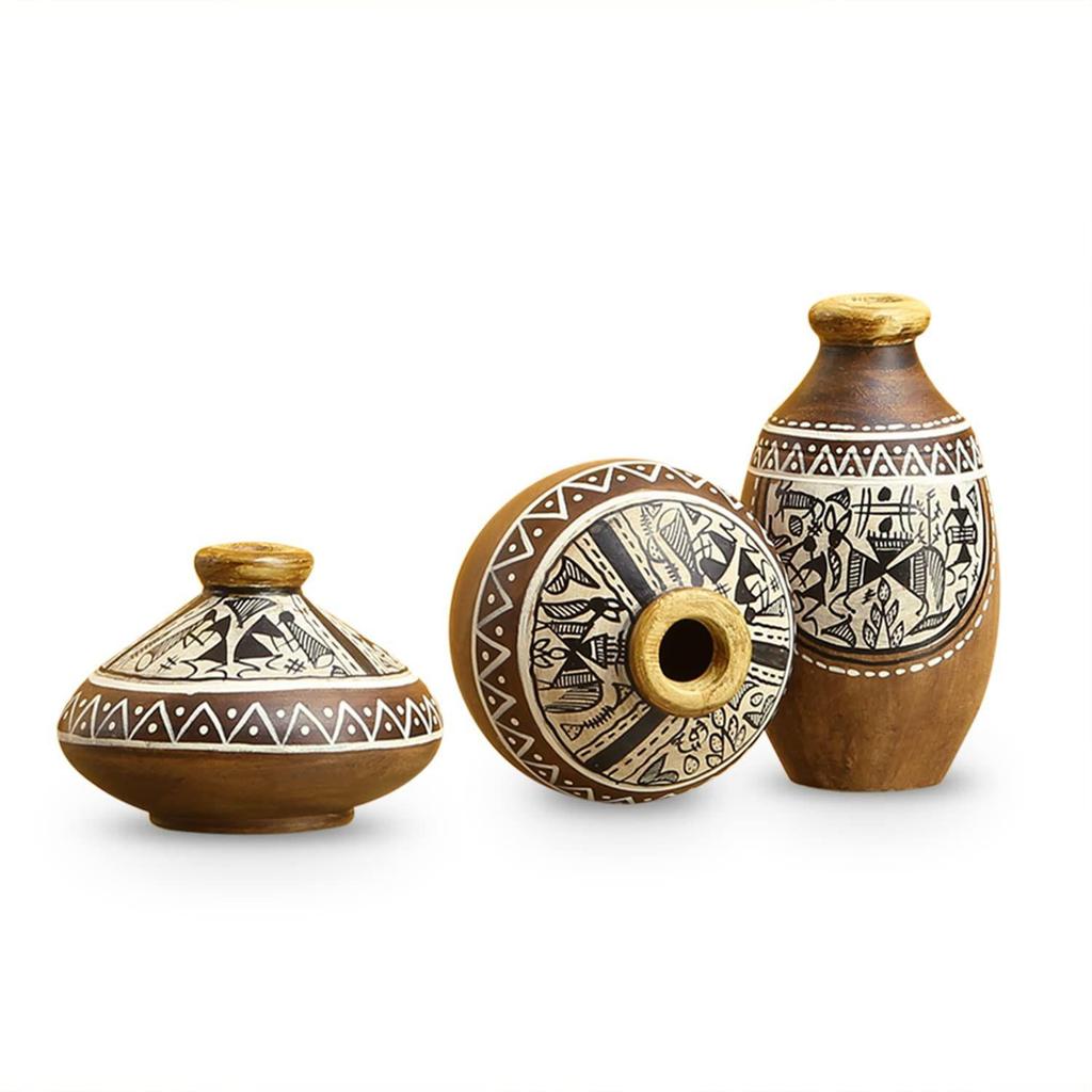 Терракотовые горшки и вазы Warli Handpainted для гостиной и домашнего декора (Набор из 3 шт., коричневый) | Терракотовые миниатюрные горшки выставочный экспонат