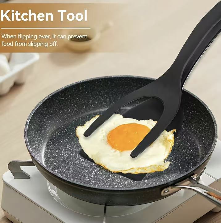 2-in-1 Silicone Shovel & Tweezers Tongs - Black Egg Flipper Pancake Spatula for Kitchen