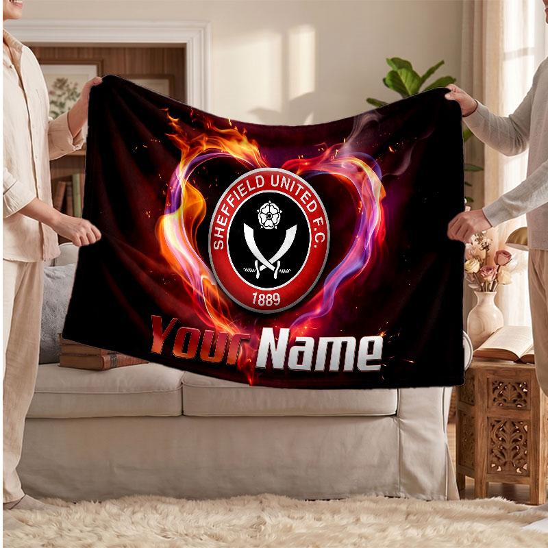 Sheffield United FC Personalized Fleece Blanket With Football Logo, Custom Name Text Soft Warm Home Throw Blanket