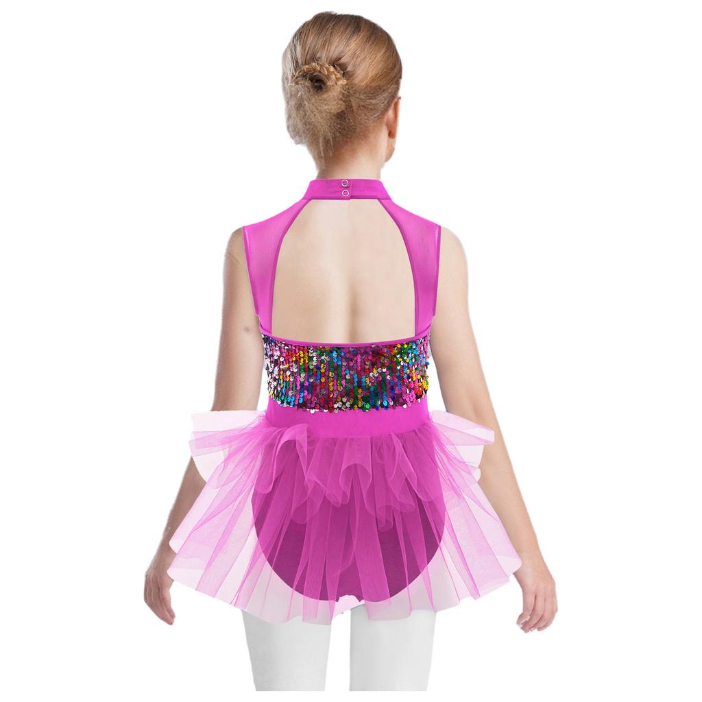 Girls Latin Dance Dress Sleeveless Cutout Back Tassels Shiny Sequins Color Block Performance Costume
