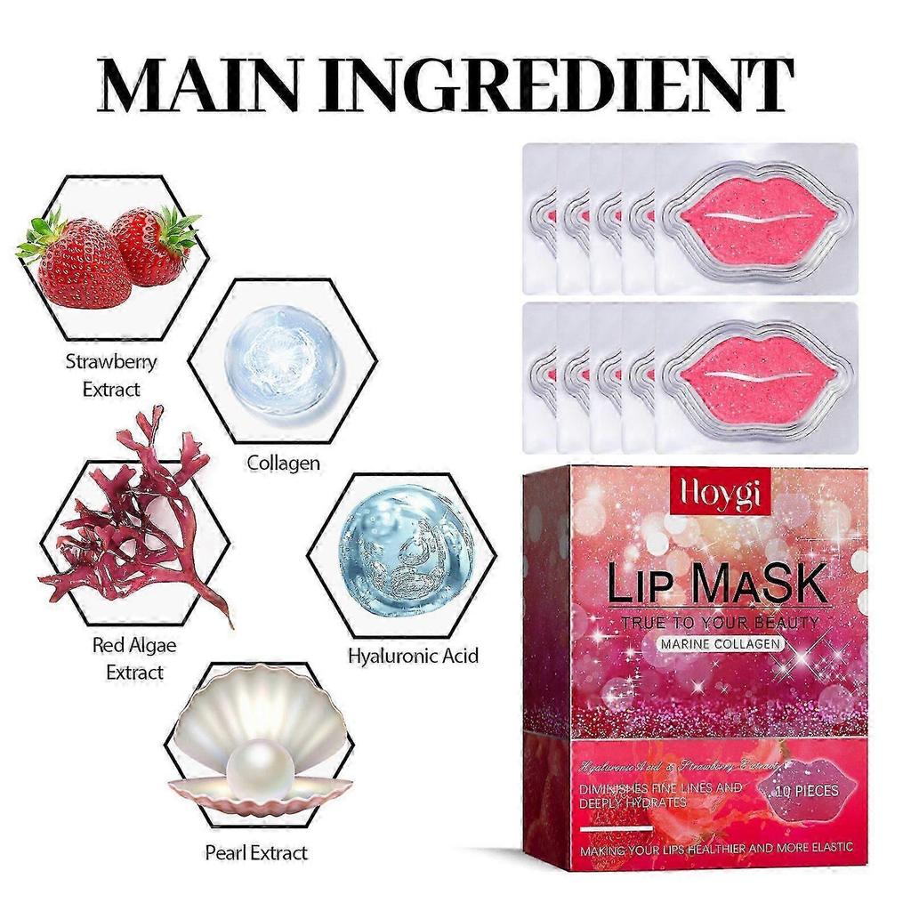 Marine Collagen Lip Mask with Strawberry Extract  Deep Hydrating, Wrinkle-Reducing, Plumping Lip Treatment  10 Pack for Smooth, Soft, Youthful Lips