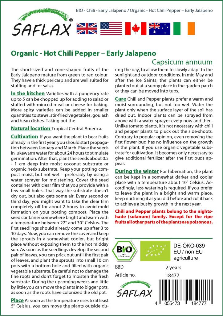 SAFLAX Сад в сумке - Органический - Острый перец чили - Ранний халапеньо - 20 семян - С субстратом в подходящем стоячем мешке - Capsicum annuum