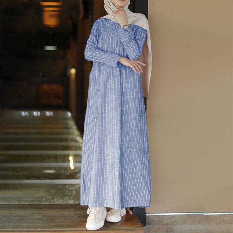 Women Retro Casual Striped Round Neck A Line Long Dress