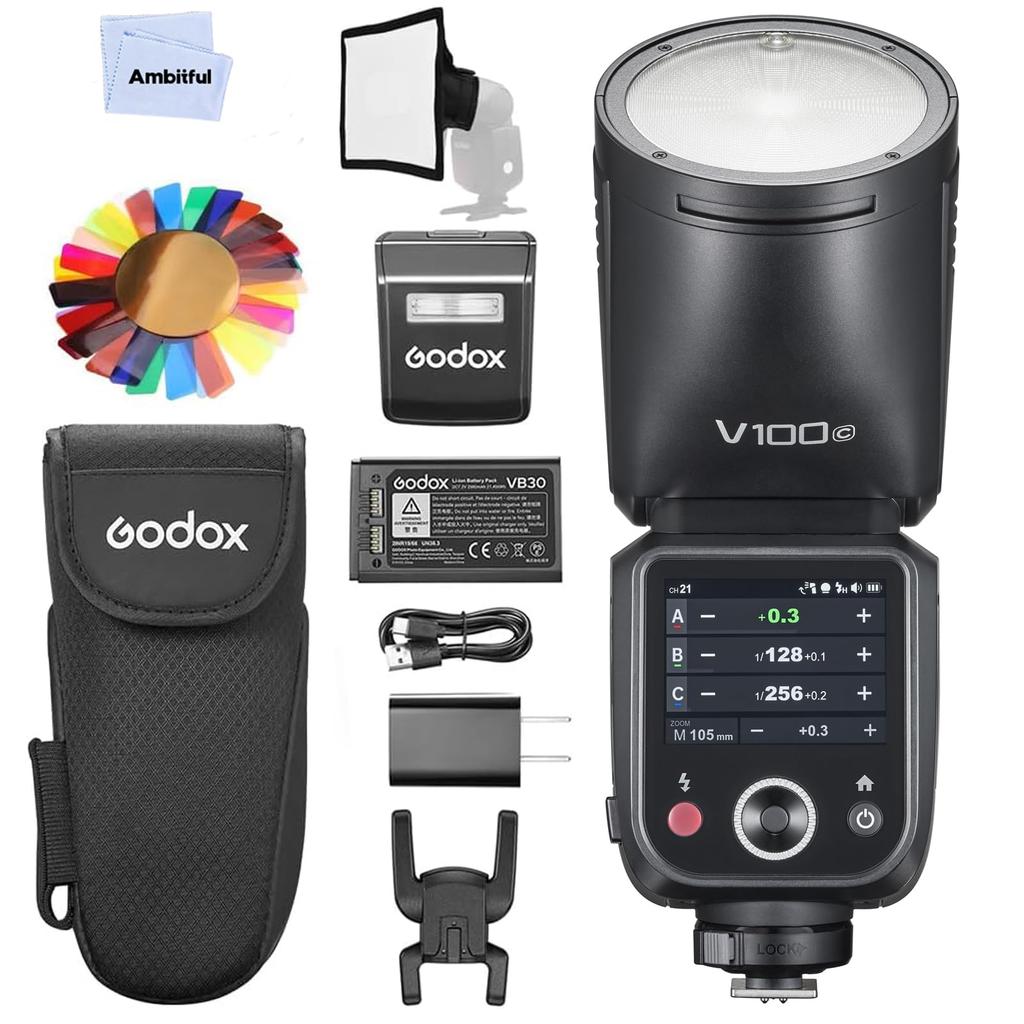 Godox V100C 100Ws Round Head Camera Flash Speedlite with External 400 Recycle LED Modeling TTL Touch Screen for Canon Cameras Godox V100-C Flash, 2.4G