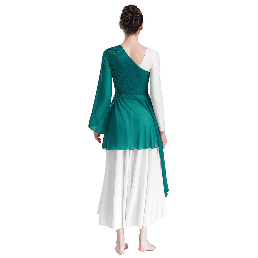 Женская туника для выступлений Worship с цветочным кружевным пэчворком, на одно плечо, с расклешенным рукавом, асимметричным подолом, танцевальное платье