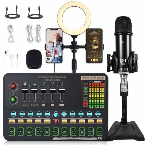 Audio Mixer Streaming Equipment Set with Audio Interface, USB Condenser Microphone, LED Ring Light, Voice Changer, and PC and Smartphone Compatible (V