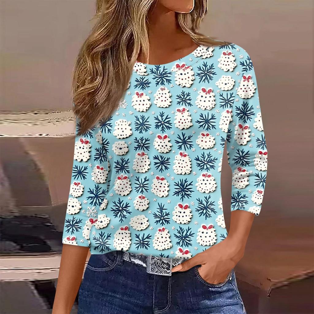 Женская футболка с рождественским принтом, рукав 3/4, повседневная, модная, на выходные, базовая, с круглым вырезом, стандартный топ