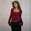 Осень Новая Мода Универсальная Футболка с Длинным Рукавом и Кружевной Отделкой Топы для Женщин