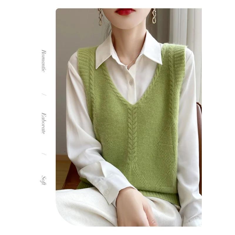 Женский новый сшивной пуловер V-образный вырез модный однотонный универсальный повседневный свободный безрукавный топ-жилет
