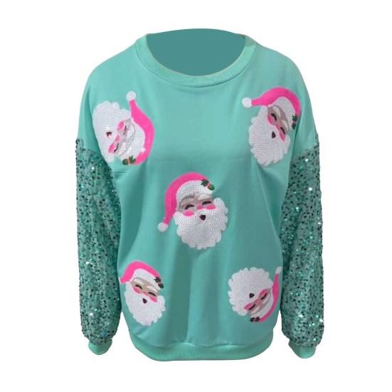 Женская рождественская толстовка с пайетками и мультяшным узором, круглый вырез, длинный рукав, свободный пуловер средней длины