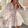 Elegant Sweet Spring Women Printed V Neck Lace Short Dress New Temperament