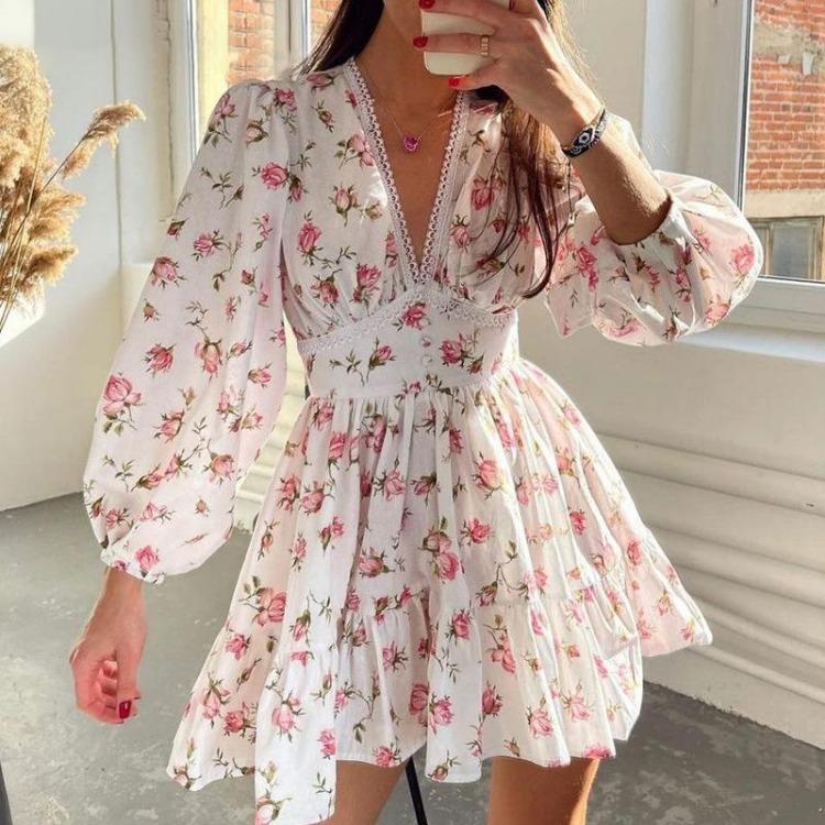 Elegant Sweet Spring Women Printed V Neck Lace Short Dress New Temperament