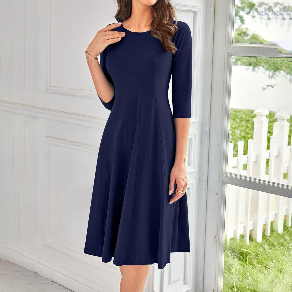 Women's Casual Fashion Round Neck Three Quarter Sleeve Solid Color Midi Dress