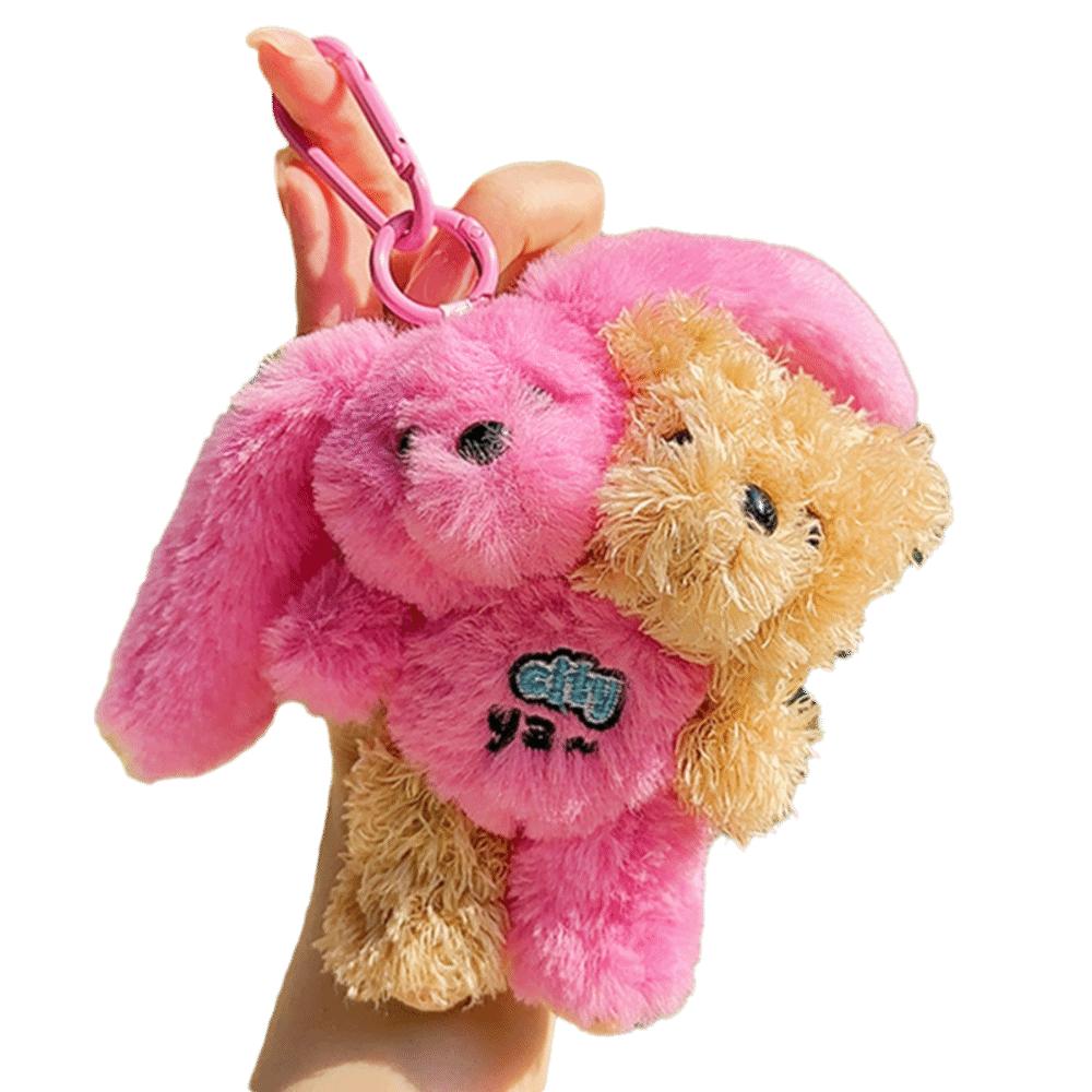 Kawaii Style Plush Toy Hugging Design Twin Rabbit Bear Cute Plush Keychain Children Gits