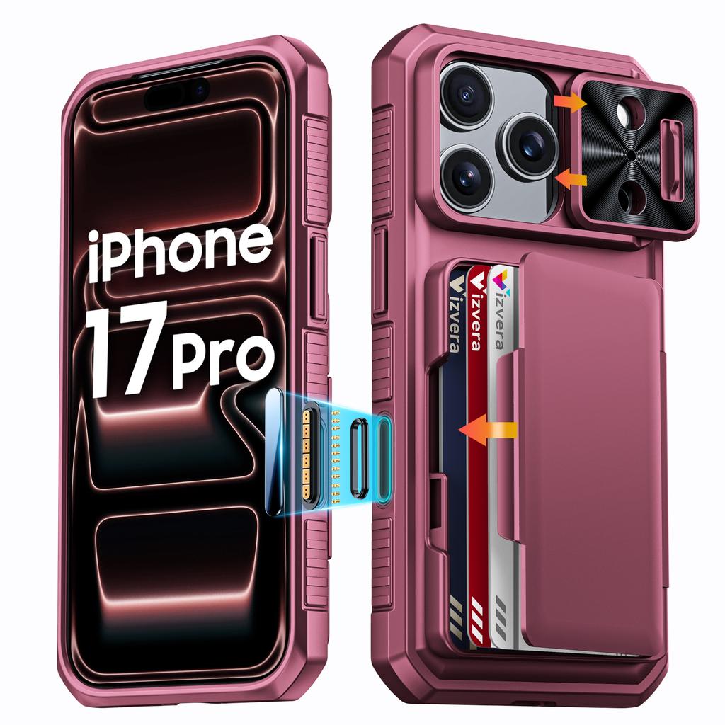 Shockproof Protective Wallet Case with Card Holder, Kickstand and Sliding Camera Cover for iPhone 17 Pro-Black