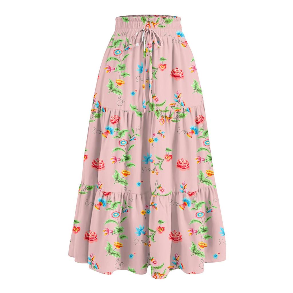 Women's Ruffled Spring Casual Long Skirt Plain Color Skirt Retro Pleated Skirt