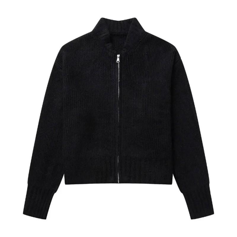Womens Knit Zip-Up Cardigan Sweater Solid Color Round Neck Long Sleeve Casual Office Wear