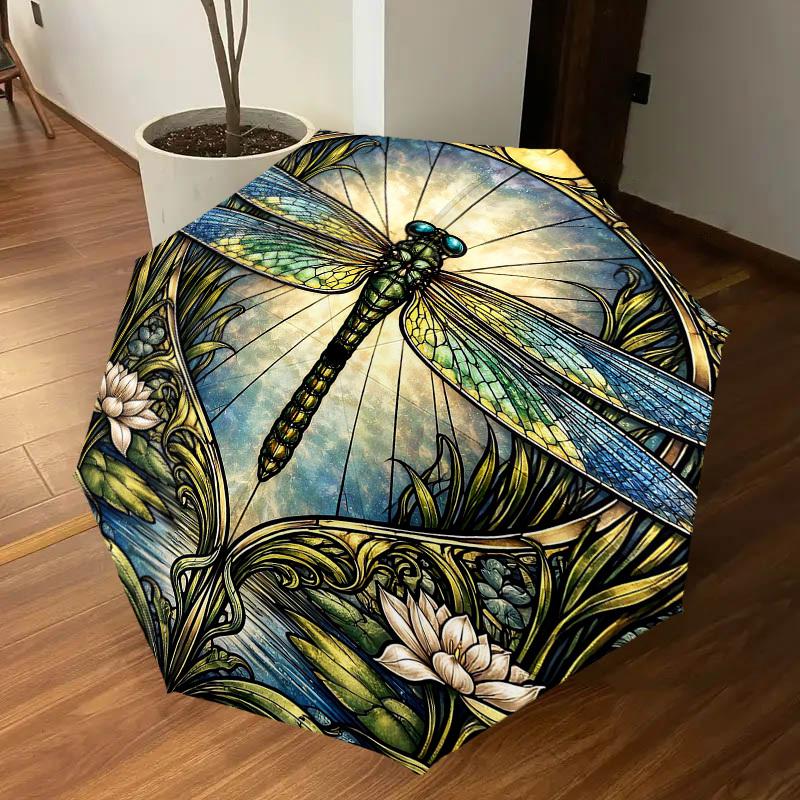 1PC Dragonfly Stained Glass Umbrella-8-Rib Reinforced Portable Folding Travel Suitable for All Seasons Outdoor Daily Use-J343
