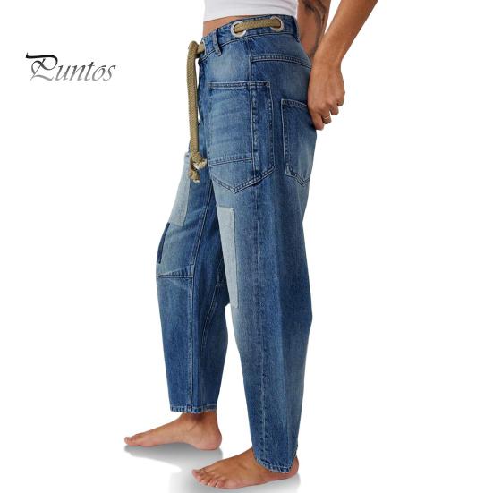 Женские джинсы-бочки с широкими штанинами, заниженной талией, с завязками на щиколотке, эластичные мешковатые брюки-бойфренды с резинкой на талии