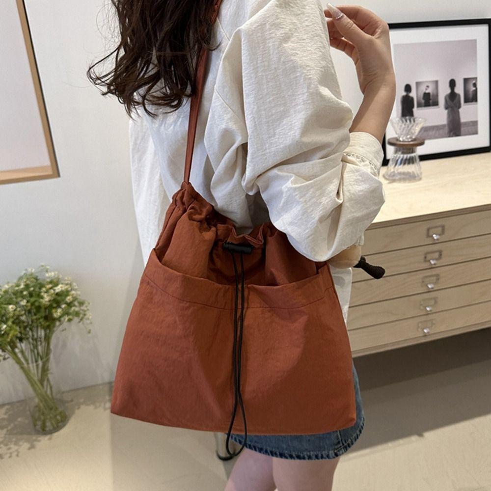 Large Capacity Drawstring Bucket Bag Korean Style Tote Bag Cute Nylon Shoulder Bag Girls
