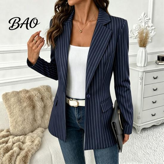 Women Casual Outerwear Striped Blazer with One Button, Breathable Business Work Slim Fit Jacket, Long Sleeves Notch Lapel Collar Coat for Fall