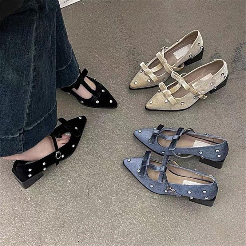 French Bow Mary Jane Shoes Women's 2025 New Beautiful Skirt Pointed Thick Heel Rhinestone Shoes