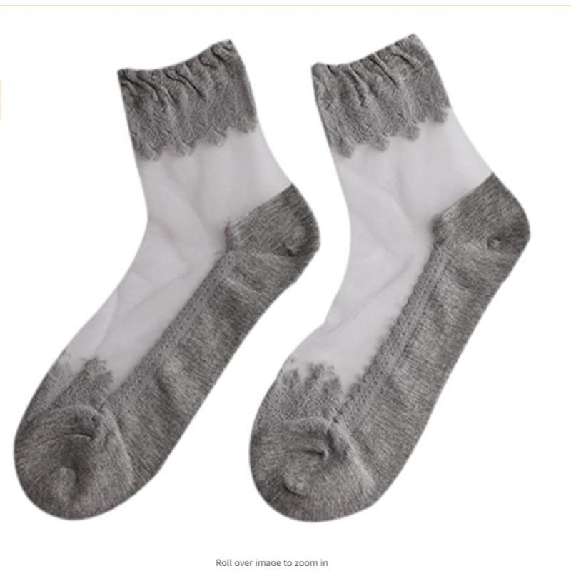 Women Sheer Crystal Lace Socks Transparent Ankle Socks with Ruffle Trim Stackable Fashion Footwear for Daily Wear