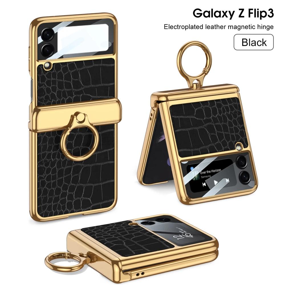 Чехол для Samsung Galaxy Z Flip 3 4 5 6 Ультратонкая Защита Экрана Coque Fundas Роскошная Кожа С Кольцом Гальваническое Магнитное Покрытие