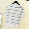 Women's Summer Thin Ice Silk Short-sleeved T-shirt Striped Square Neck Slim Thin Blouse