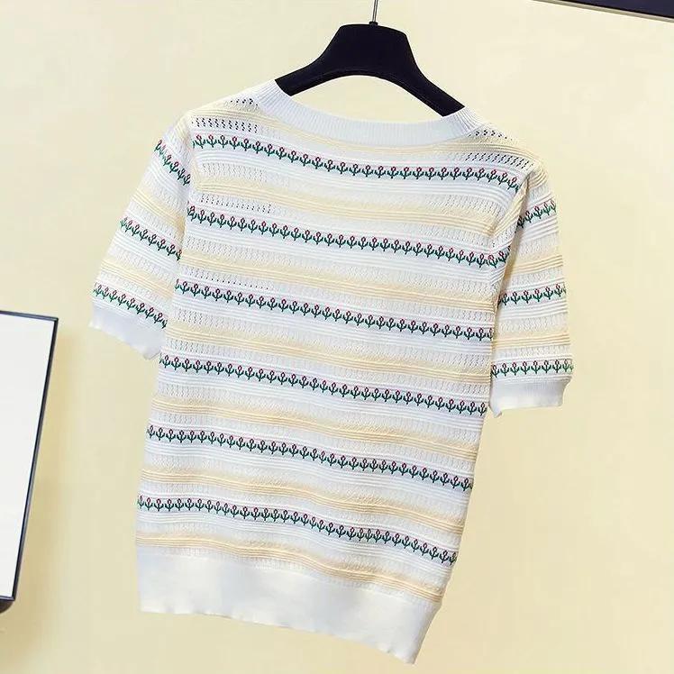 Women's Summer Thin Ice Silk Short-sleeved T-shirt Striped Square Neck Slim Thin Blouse