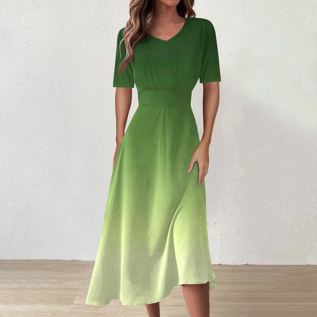 Женское повседневное модное платье с цветным V-образным вырезом и коротким рукавом на талии, длинное свободное платье
