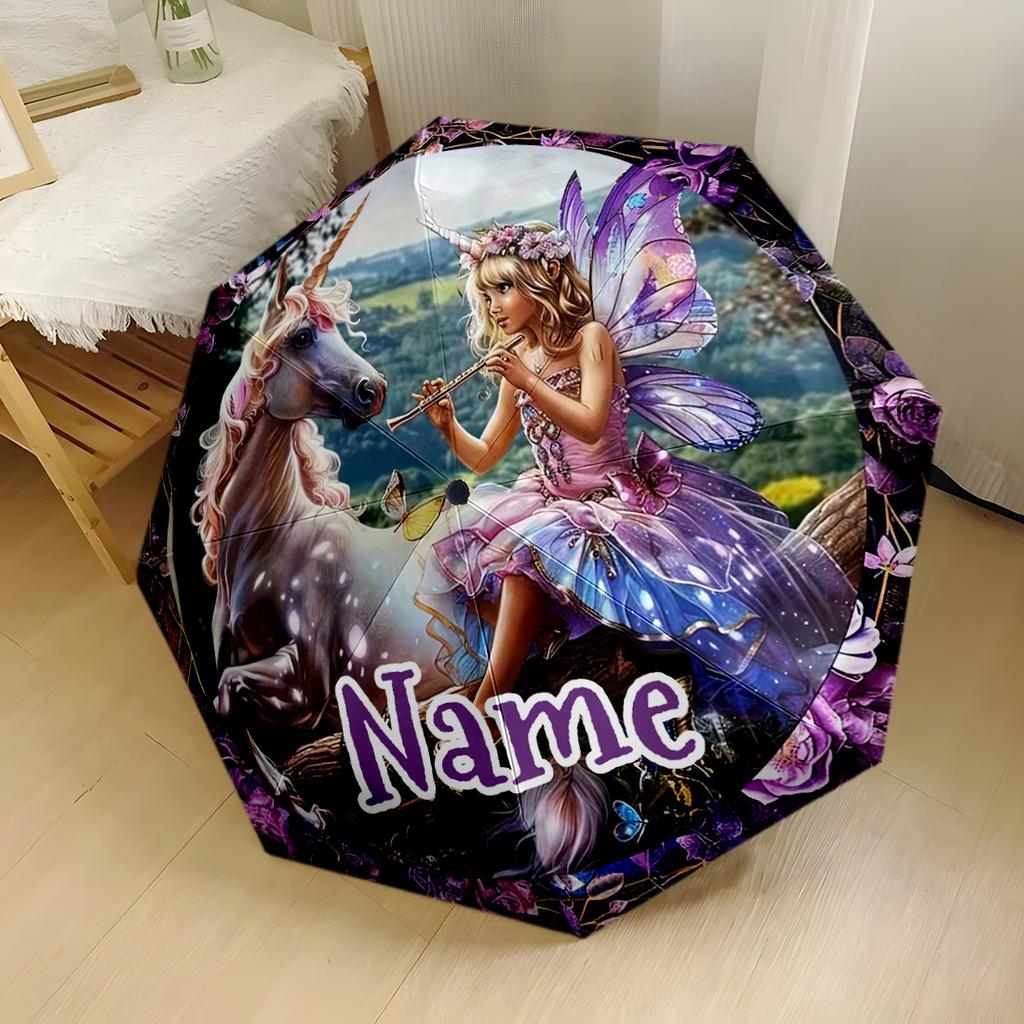 Unicorn Fairy Fantasy Customize Your Name Automatic Folding Umbrella Compact Lightweight Retractable Design With 8 Ribs For Outdoor Adventures And