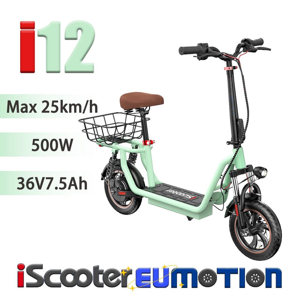 iScooter Urban Electric Scooter with Seat & Basket, 500W & 36V7.5Ah, 12" Road Tires & Dual Disc Brakes, LED Display & Full Suspension E-Scooter