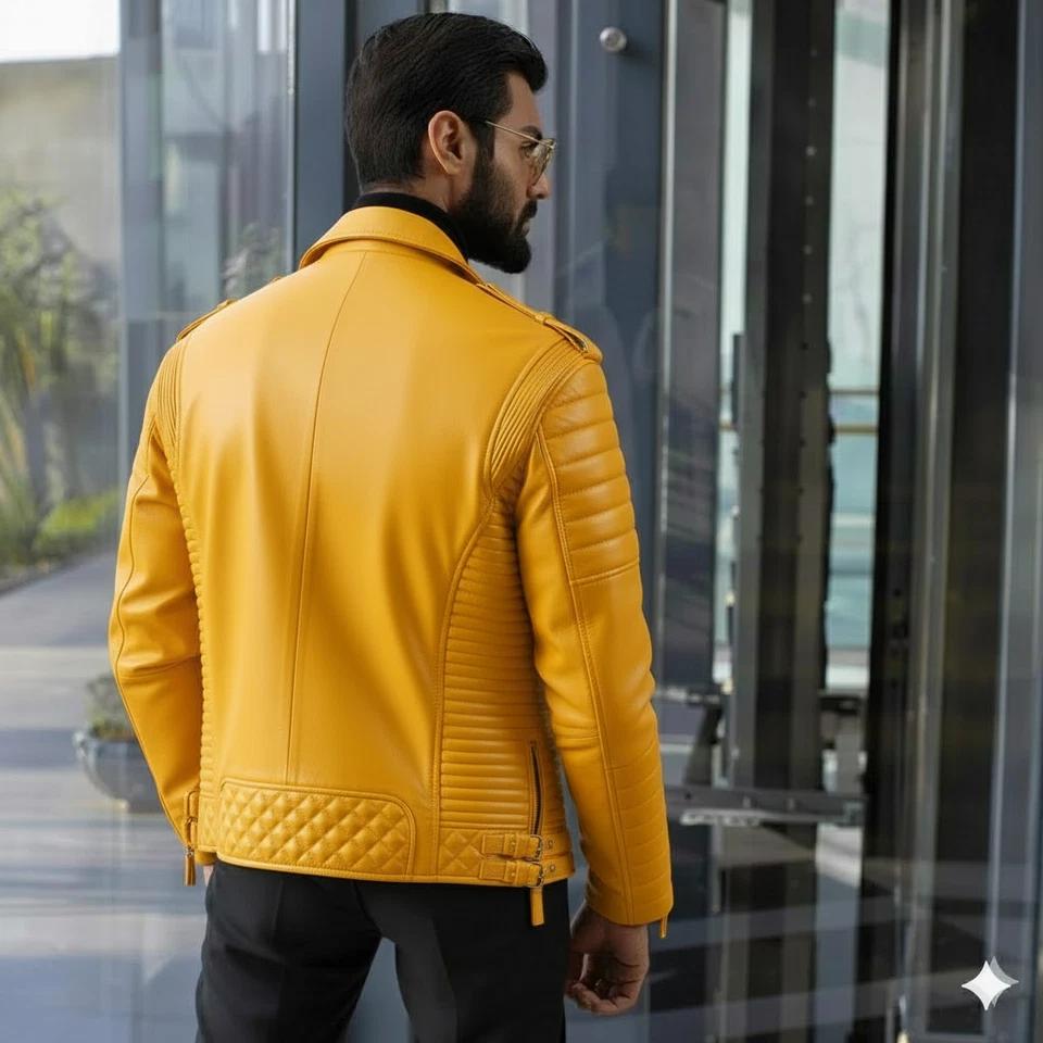 Кожаная Мотоциклетная Байкерская Желтая Мужская Ручной Работы Новая Куртка Натуральная Овечья Кожа Стильная Повседневная