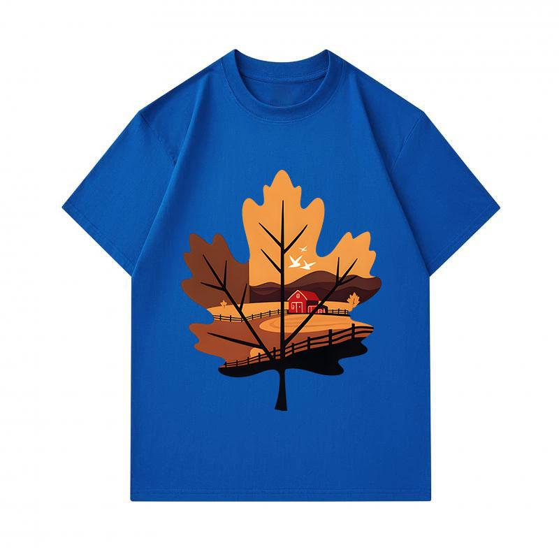 Men's 100% Cotton Crew Neck Short Sleeve T-Shirt, Casual Autumn Fall Oak Leaf Farm Scenery Printed Comfortable Breathable Tee for Daily Wear Outdoor A