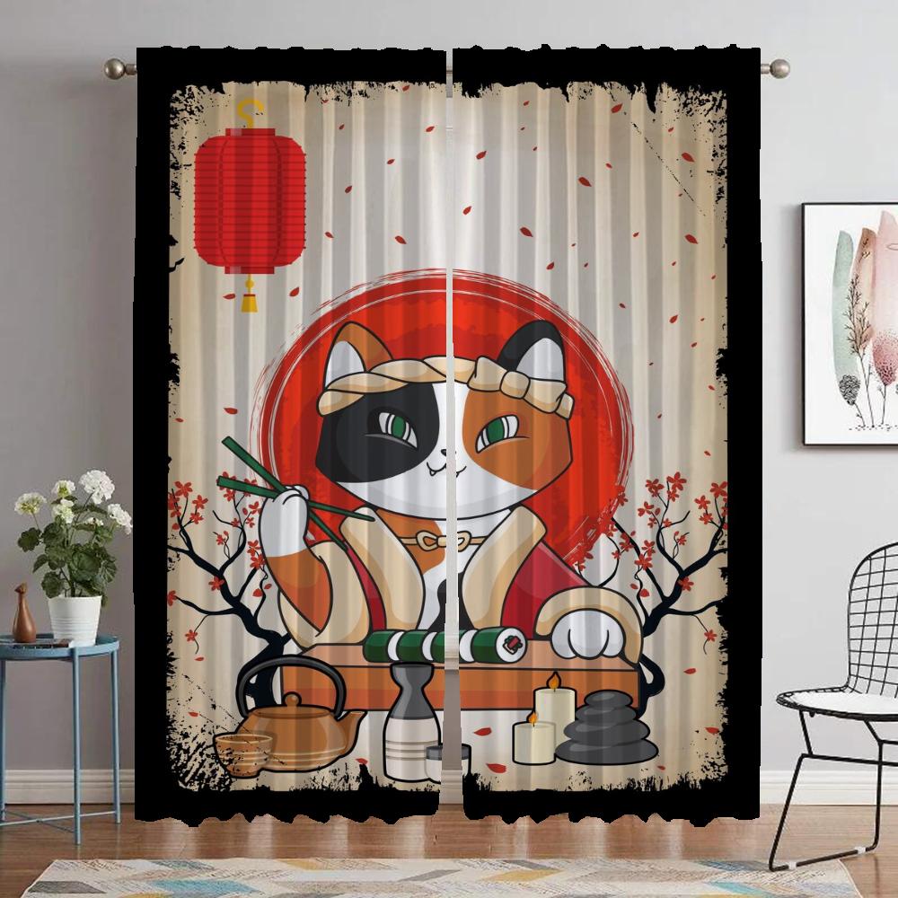 Sushi Cat Blackout Curtains for Camera Partition Elegant Room Curtains 2 Pieces Halloween Decoration Tulle for Bedroom Shades