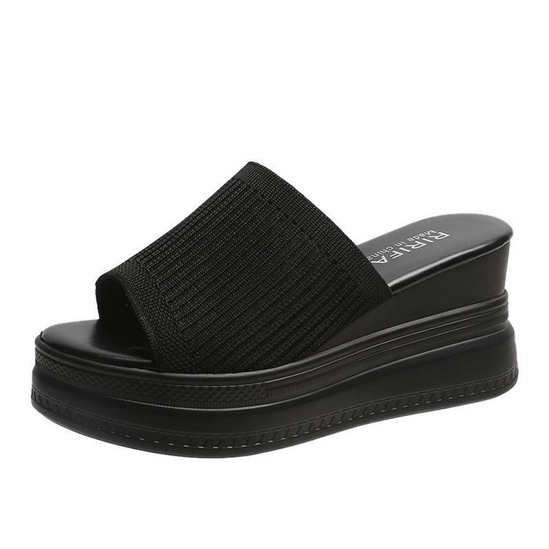 Эластичная ткань летние женские сандалии с открытым носком танкетки тапочки женские на высоком каблуке платформы шлепанцы повседневные женские туфли на высоком каблуке