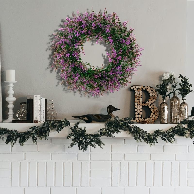Artificial Spring Wreath PurpleFlower Wreath Eucalyptuses Flower Wreath for Front Door Wall Wedding Party Home