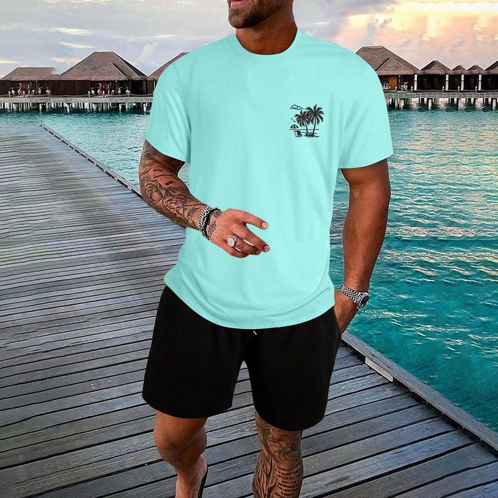 Мужская летняя повседневная футболка с круглым вырезом, коротким рукавом, принтом в виде 3D-букв и цветов, комплект шорт на шнурке, спортивная одежда