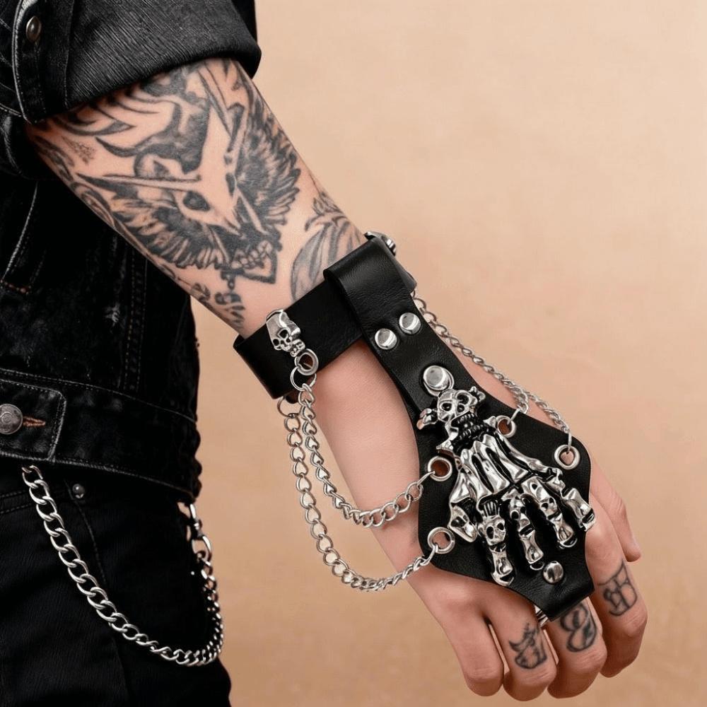Solid Color PU Leather Bracelet Adjustable Wide Chain Bracelet Dark Style Skull Wristband Unisex
