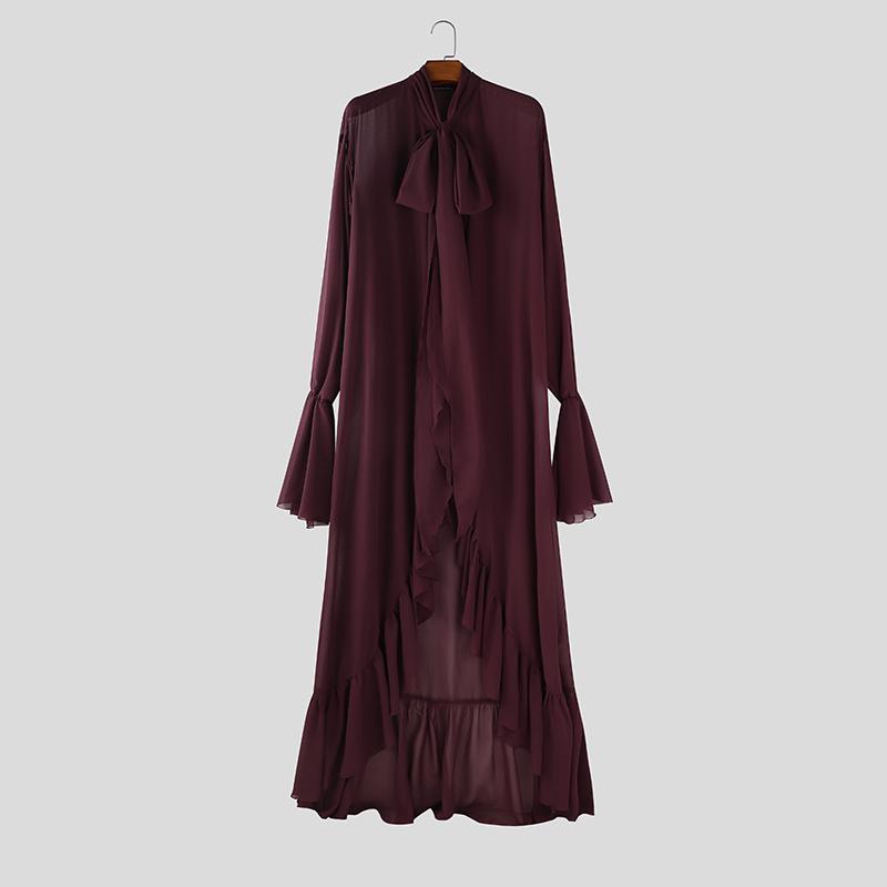 INCERUN Мужские топы с завязками на шее, длинными рукавами, оборками, неровными слоями, из сетки, длинные, для вечеринок и клубной одежды