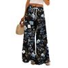Women's Casual Wide Leg Pants Stretch Belt Pocket Floral Print Adjustable Tie Pants