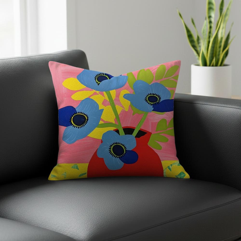 B-Blue Anemone Cushion Cover Natural Linen Pillowcase Set, All-In-One Decor For Sofa, Bedroom & Chair
